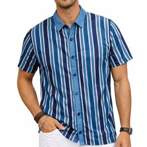 Men's Zara Vertical Striped Blue Full Placket Button Down MOD Knit Shirt